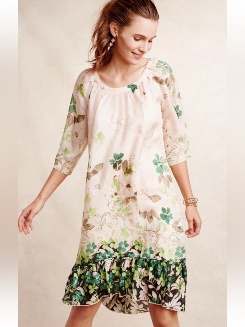 Anthropologie Vanessa Virginia Size S Rainforest 100% SILK Dress Green Floral